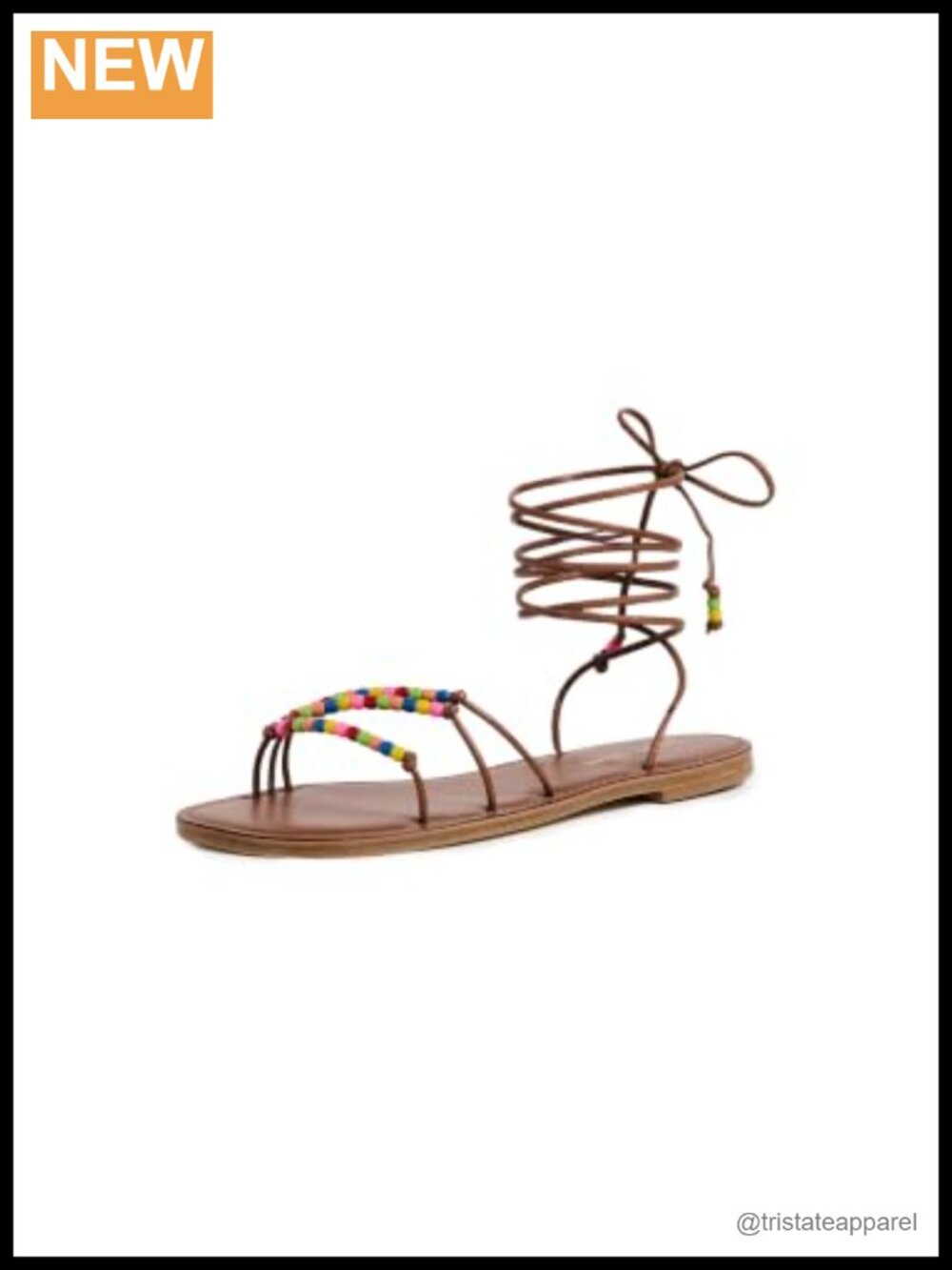 Beaded Ankle Strap Flat Sandals Calfskin Lace Up Wraparound